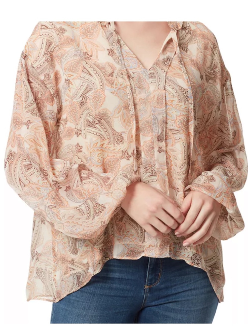 Jessica Simpson NWT Paisley Tie-Neck Blouse in Beige & Peach
